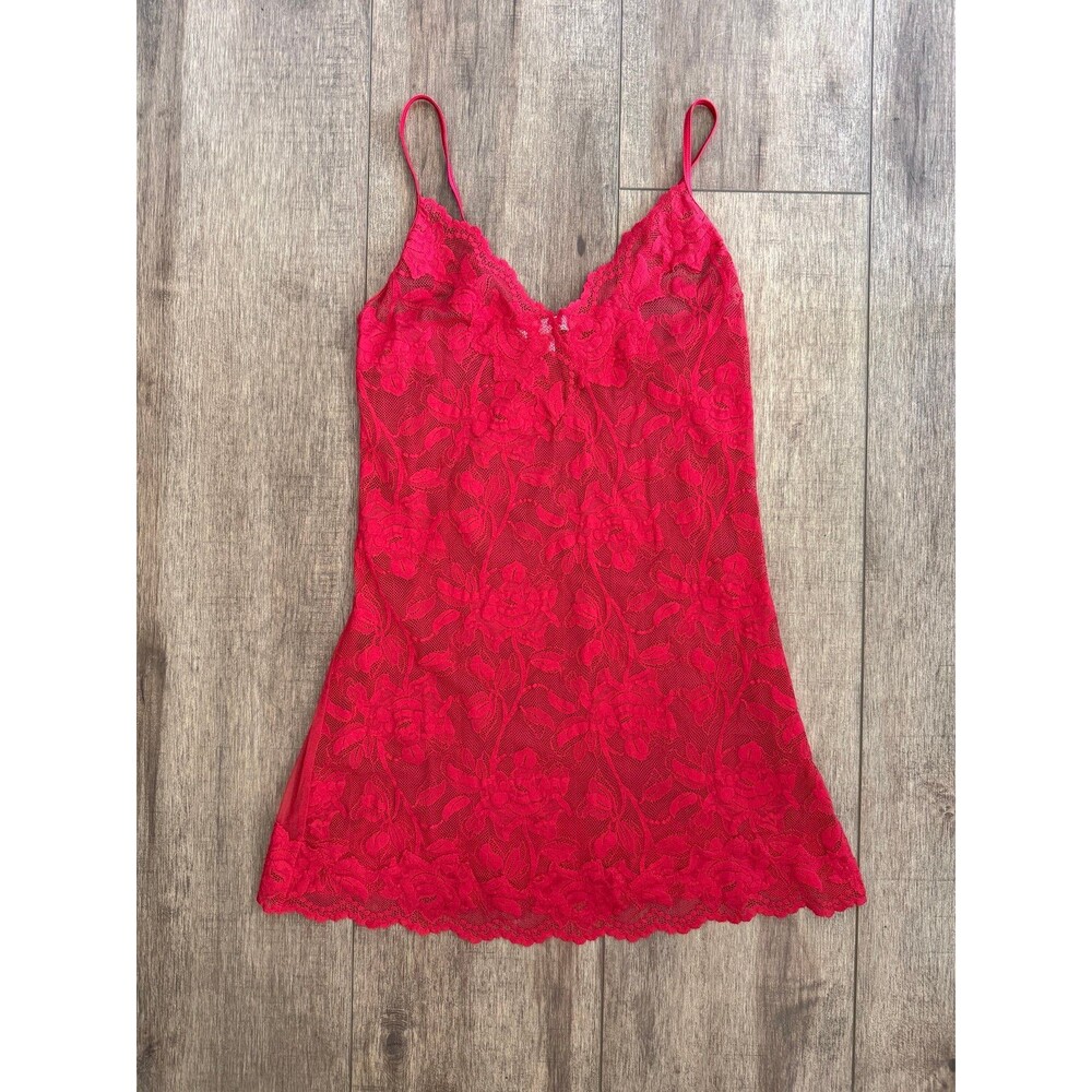 Victoria's Secret Red Lace Slip Dress Sheer Floral Mesh Chemise Babydoll